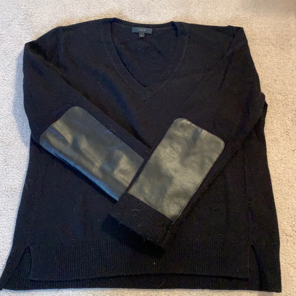 Jcrew black leather arm patch sweater M